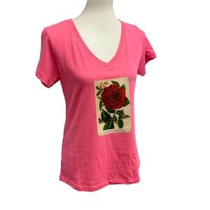 New Hand Printed Womens Small Vintage Book Page Red Rose Flower V-Neck Tee Top